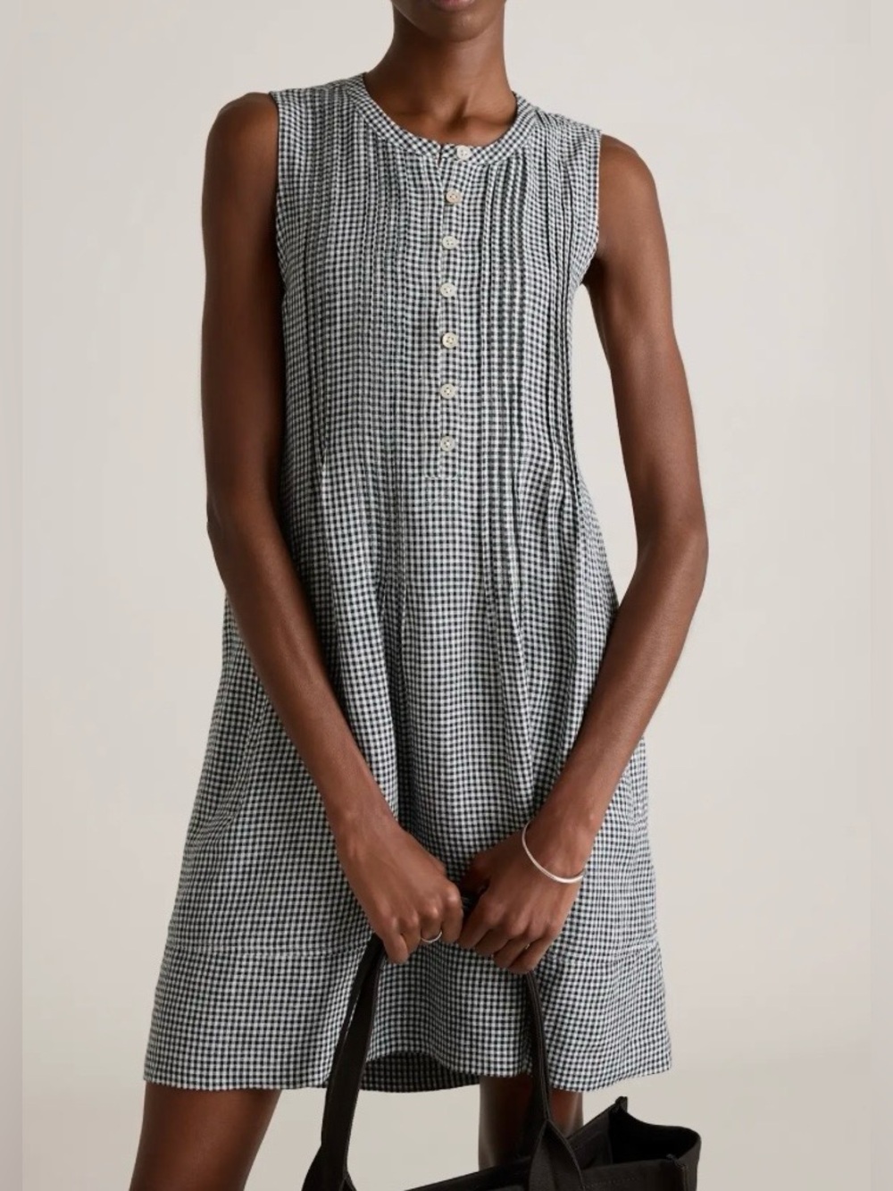 Quince Black and White Gingham Sleeveless Button-Front Linen Dress